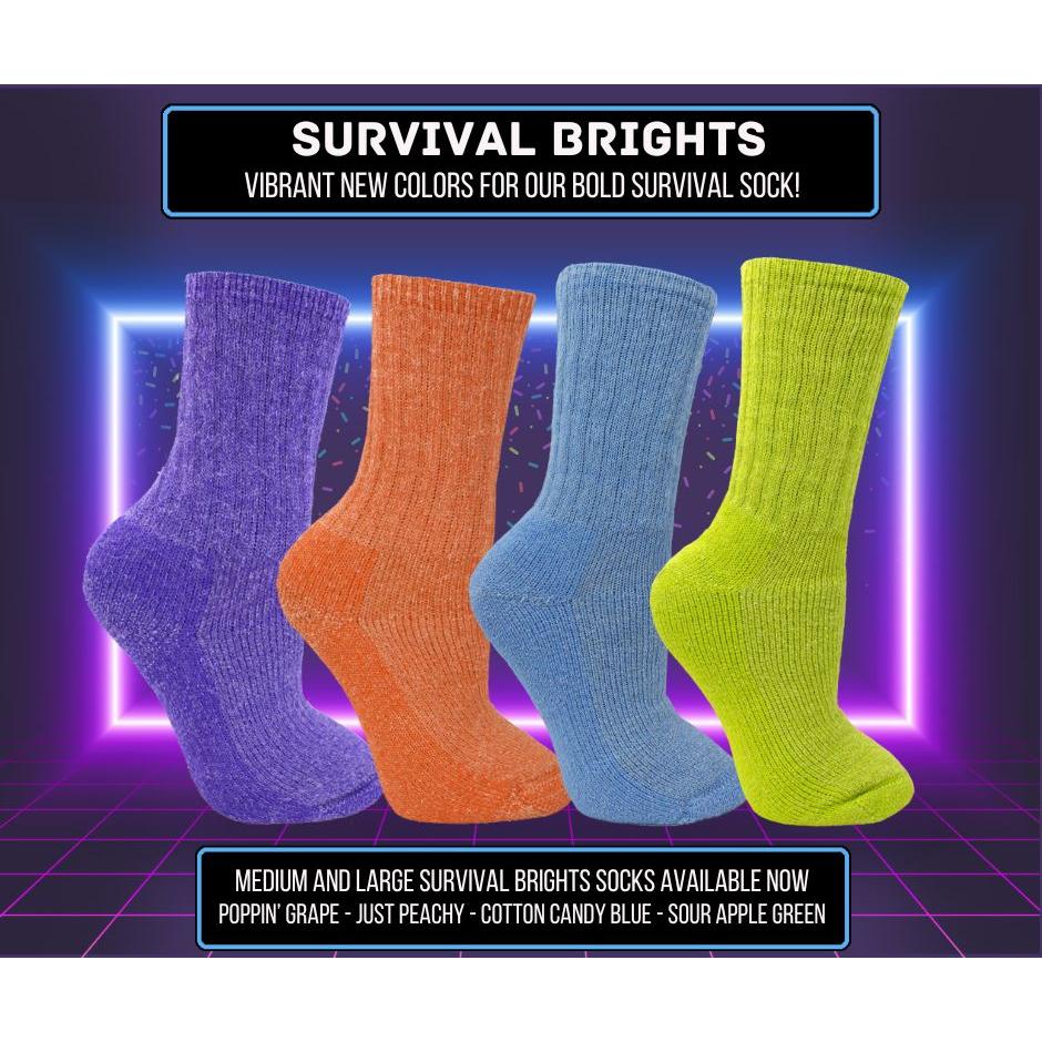 Photo of 4 vibrant looking colors of alpaca survival socks in poppin' grape just peachy, cotton candy blue and sour apple green