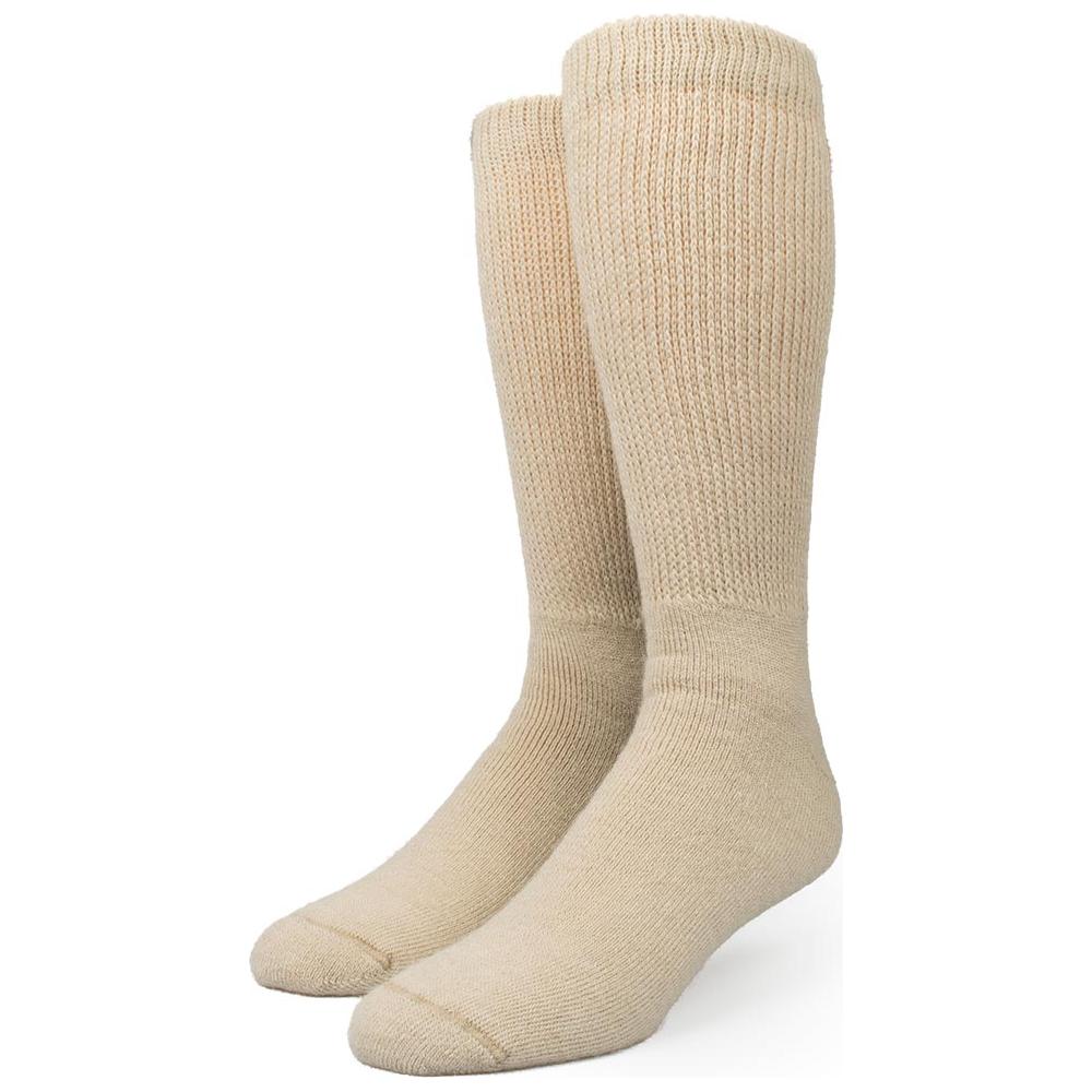 Loose top beige socks on a mannequin showing below the knee on a white background