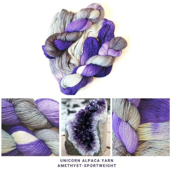 photo of braided yarn showing all the shades you are buying the color is amethyst in sport weight