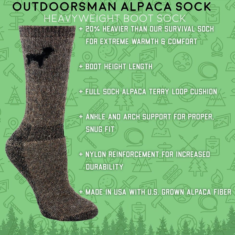 A sheet describing the sock as 20% heavier than our survival sock for extreme warmth and comfort, boot height length, full soch alpaca terry loop cusion, ankle and arch support for proper snug fit, nylon reinforcement for increased durability, made in the usa with usa grown alpaca fiber