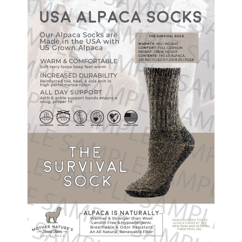 An image of a one pager about the USA made alpaca survival sock