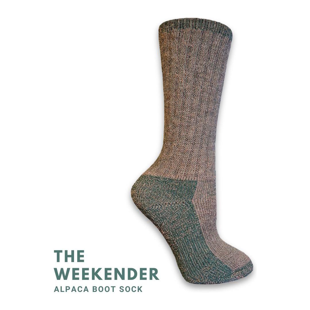 image of the weekender alpaca sock in a blueish color on a white background with text of the name.