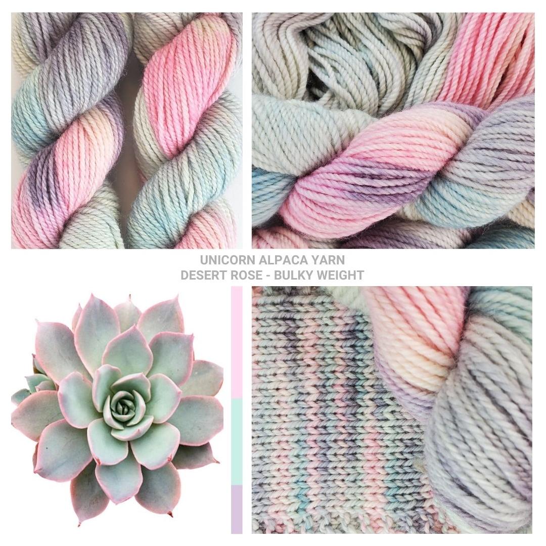photo of 4 photos displaying Unicorn Alpaca Yarn Desert Rose Bulky Weight. one photo is a flower sharing the same hues of the yarn