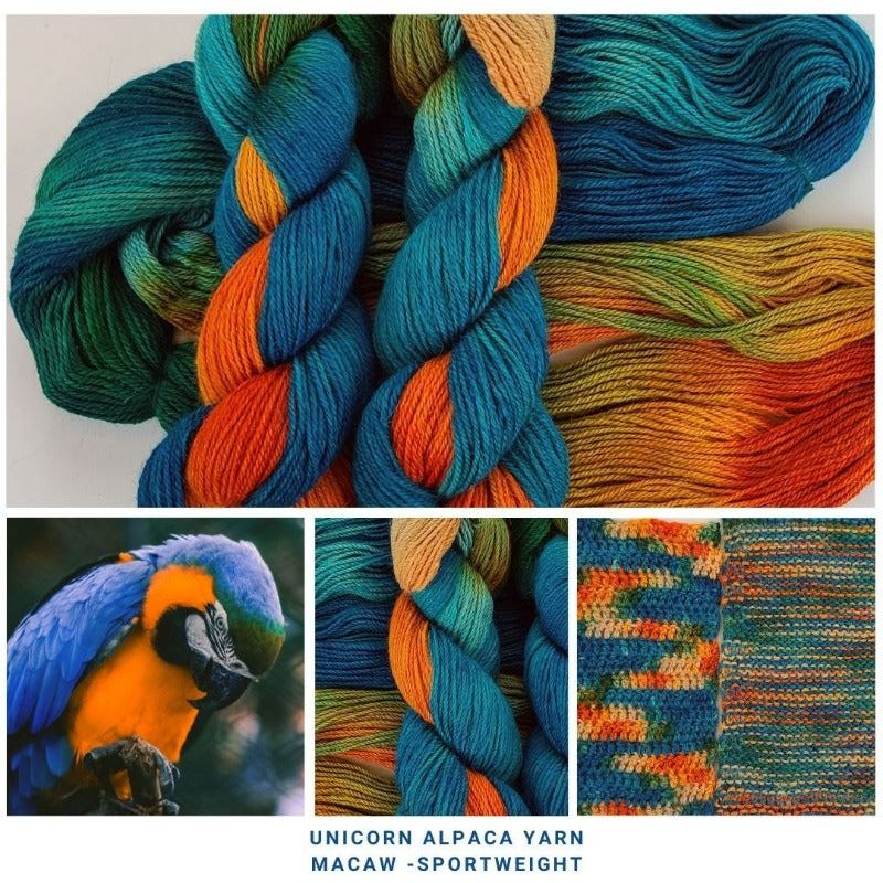 photo of braided unicorn alpaca yarn a color called macaw in sportweight there are 4 images. 2 of braided yarn, one of a parrot and one with finished matts of this color yarn