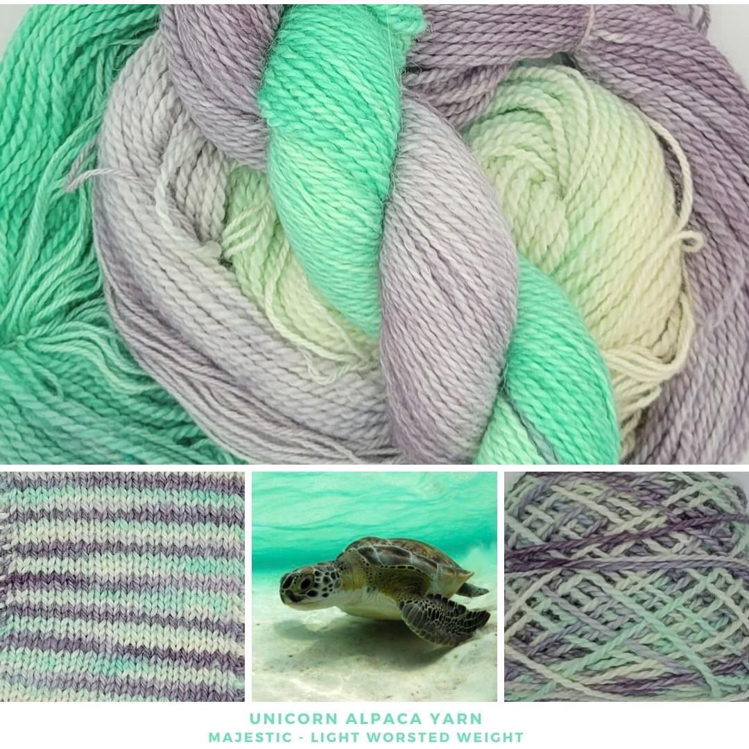 photo of several photos. braided mint green and light purple and cream colored alpaca yarn, and two pictures of pieces using the material, and a photo of a turtle in blue waters that matches the hues of the yarn